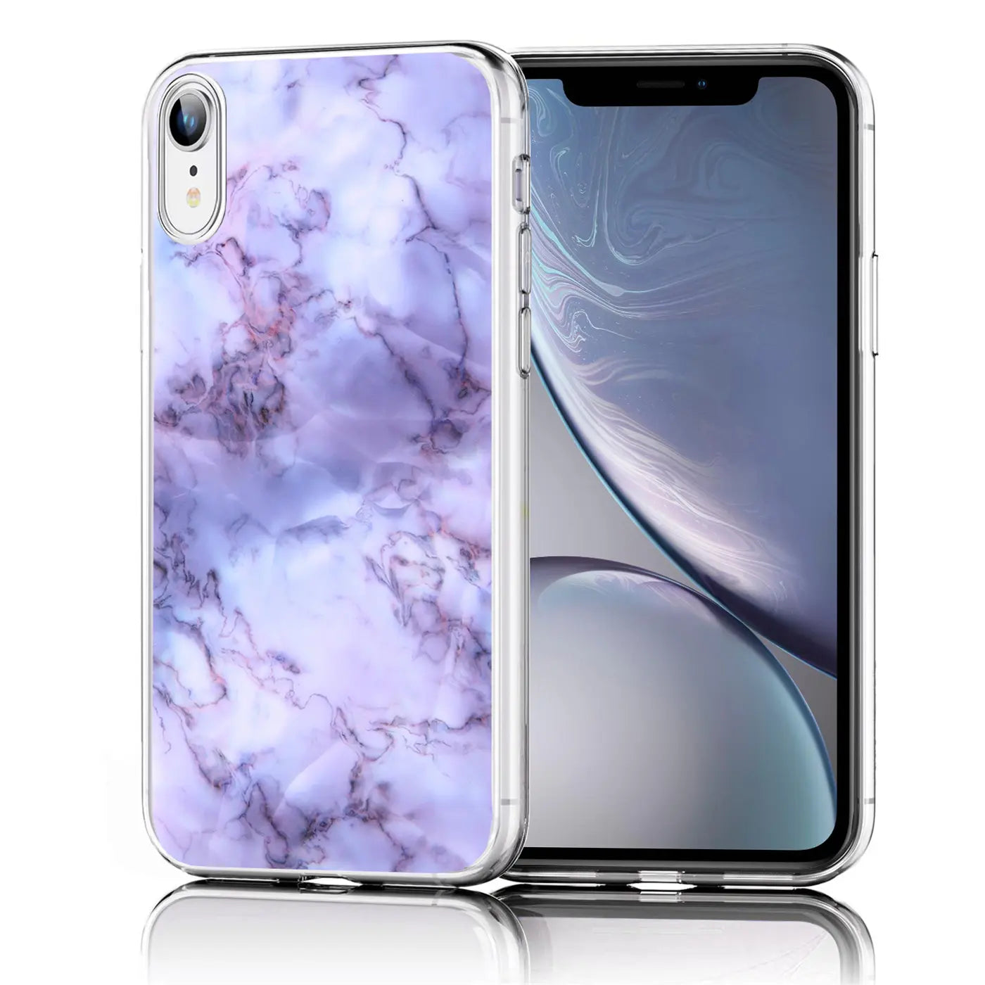 Lila Marmor TPU Hülle für iPhone XR, von vorne, Nahaufnahme.