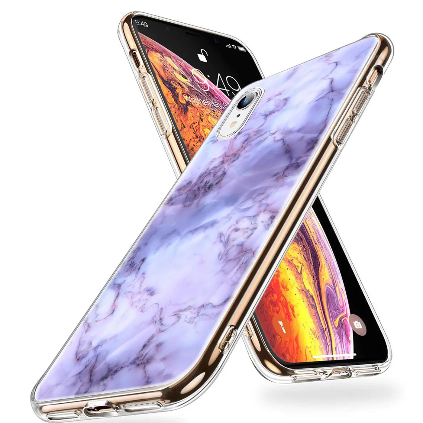 iPhone XR Hülle aus TPU mit Marmormuster, lila/weiß, von vorne schräg
