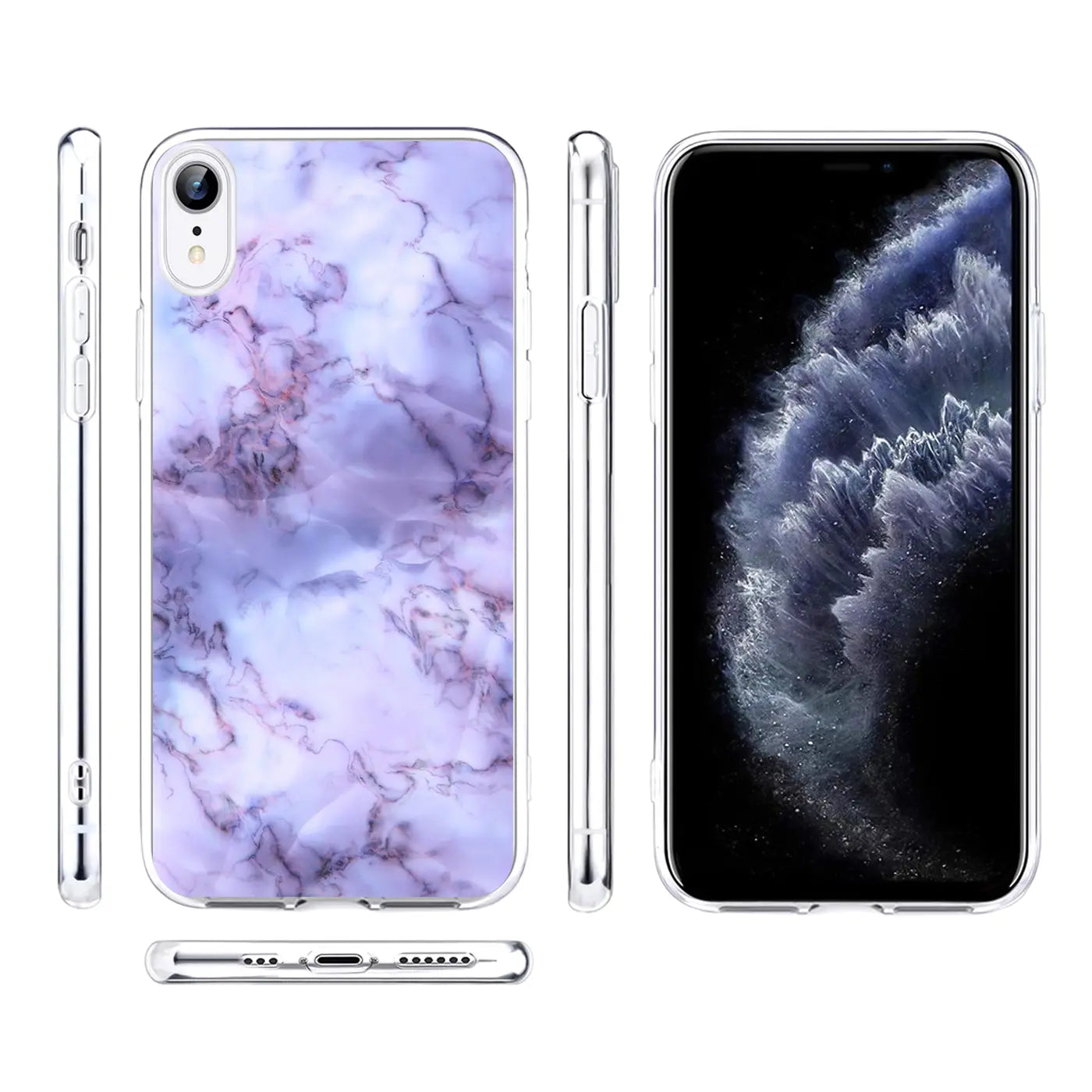 iPhone XR Hülle, lila Marmoroptik, TPU, von vorne, Seite, Rückseite und unten.
