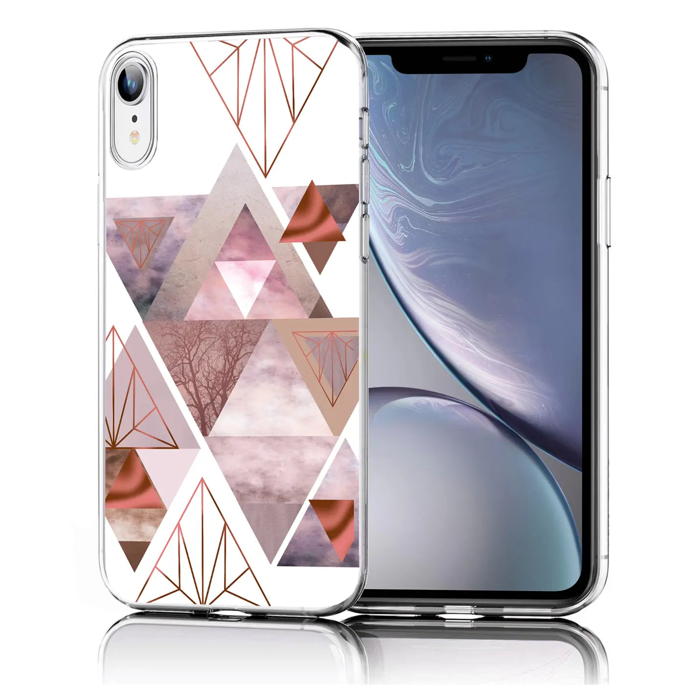 iPhone XR Hülle, TPU, geometrisches Muster, Rosa/Kupfer, Vorderansicht