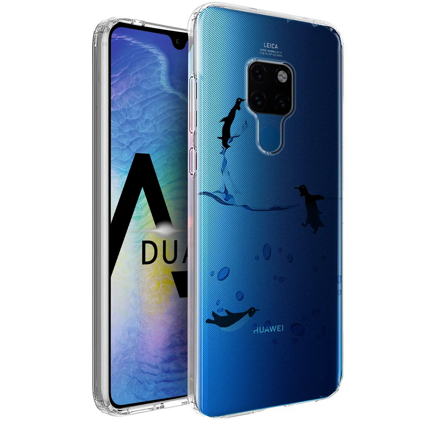 Huawei Mate 20 TPU-Hülle, transparent-blau mit Pinguin-Motiv. Rückseite mit Kameraausschnitt, Vorderseite des Handys.