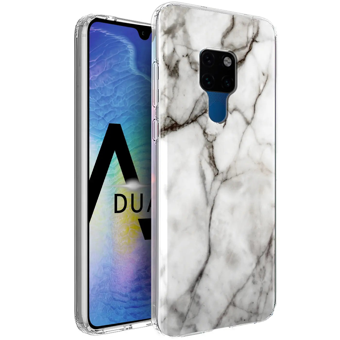 Huawei Mate 20 in transparenter TPU-Hülle mit weißem Marmor-Motivdruck, Rückseite mit Kameraausschnitt sichtbar.