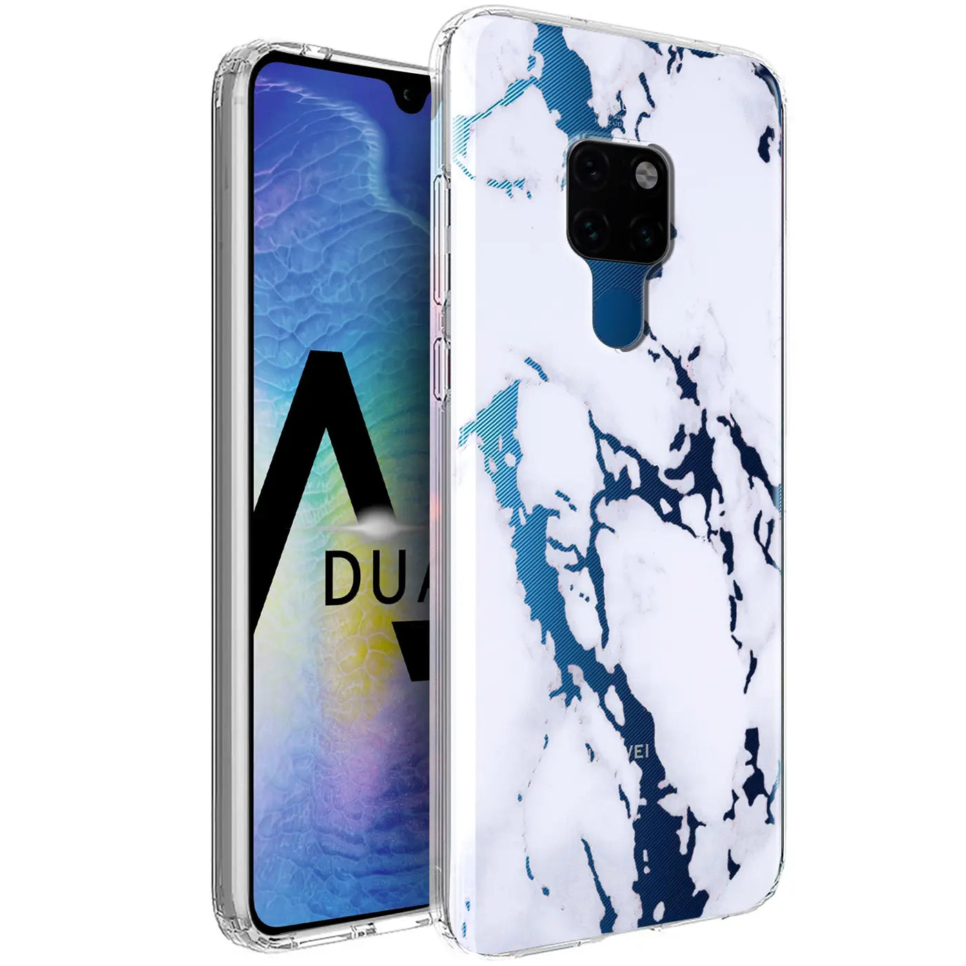 Huawei Mate 20 TPU Hülle mit blau-weißem Marmormuster, leicht schräg von vorne rechts, Handy links daneben.