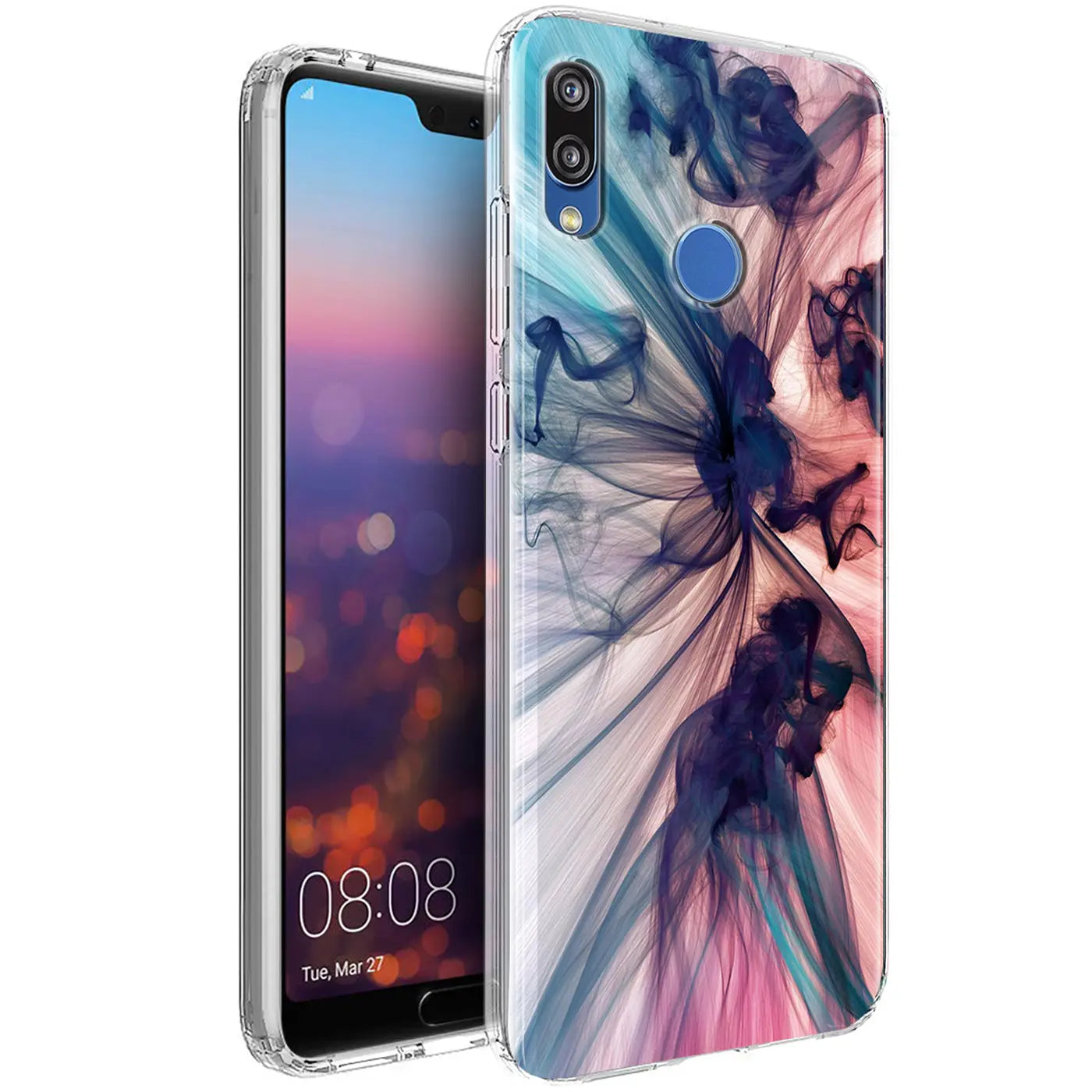 Huawei P20 Lite Hülle aus TPU mit Rauch-Motiv, von vorne links gezeigt.