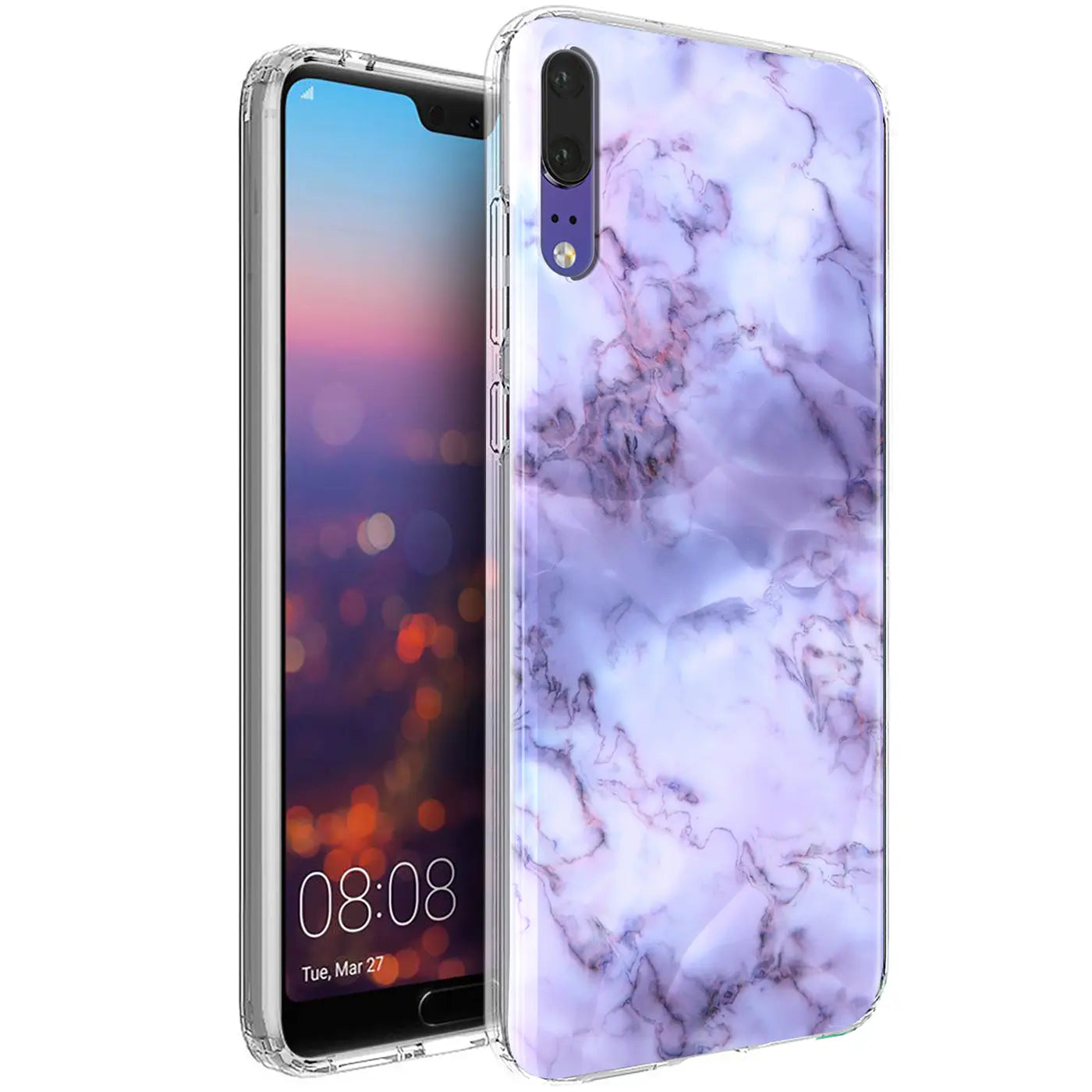 Huawei P20 mit lila Marmor-TPU-Hülle, von vorne links gezeigt.