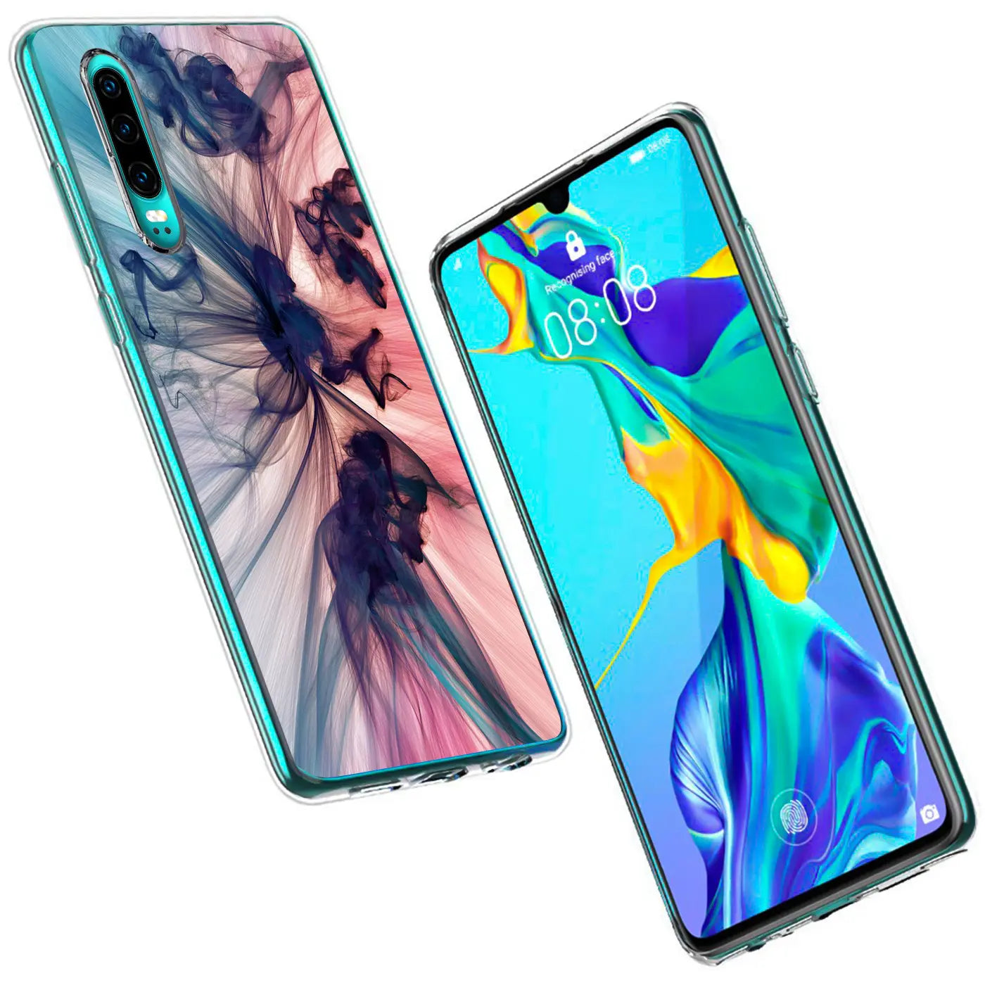 Zwei Huawei P30 mit bunten Rauch-Motiv-Hüllen aus TPU, von vorne und von der Seite