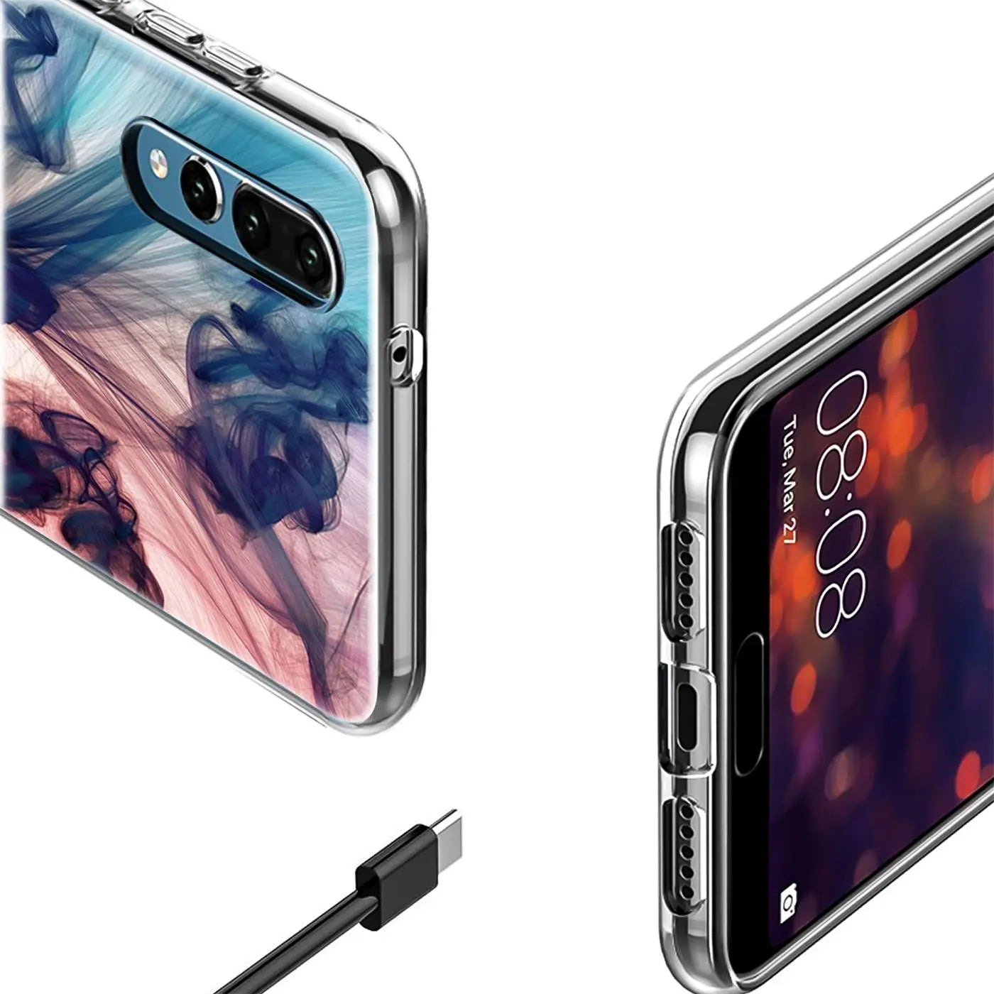 TPU Hülle mit Rauchmotiv auf Huawei P20 Lite, Nahaufnahme, transparent.