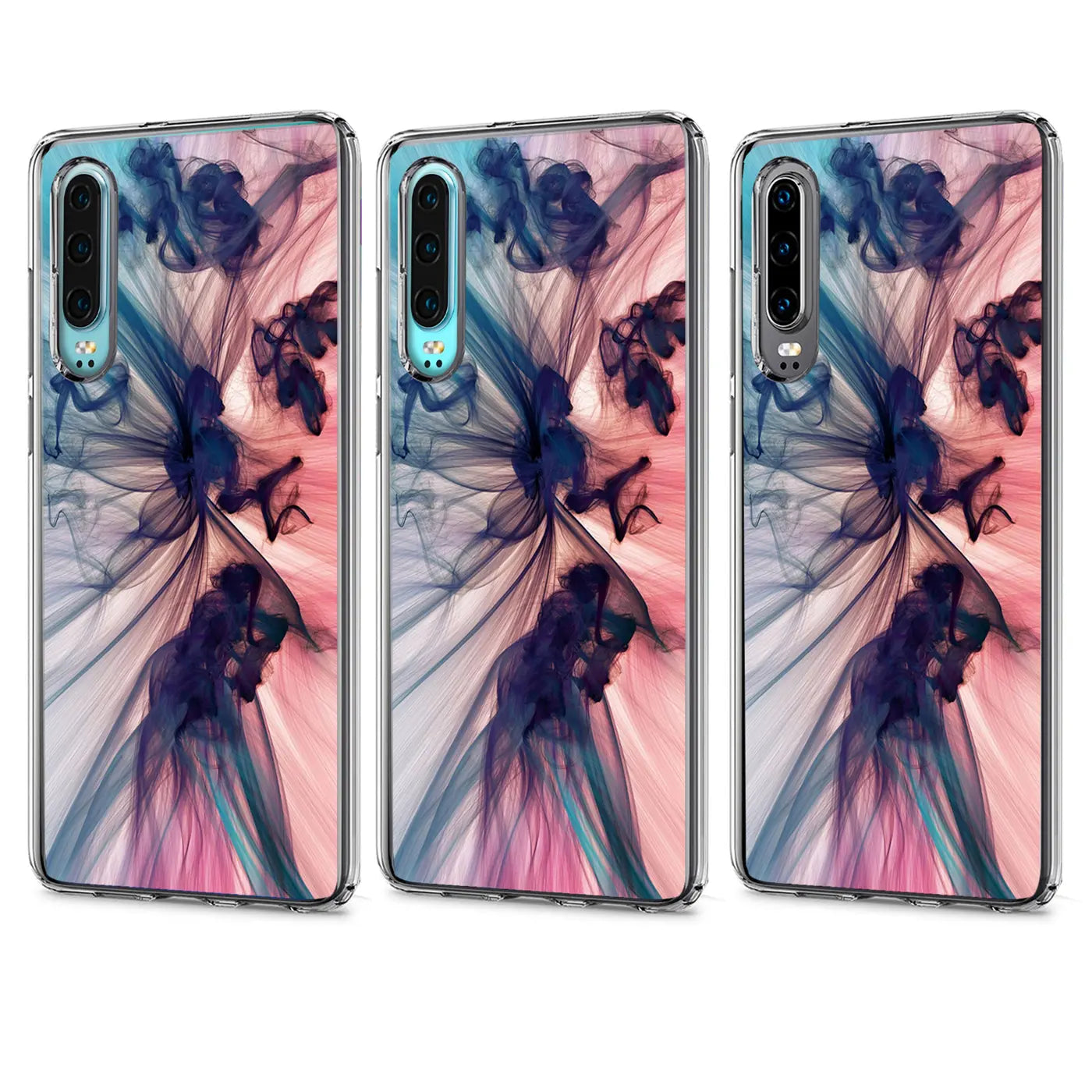 Drei Huawei P20 Lite Hüllen aus TPU mit abstraktem Motiv, von vorne, leicht schräg.