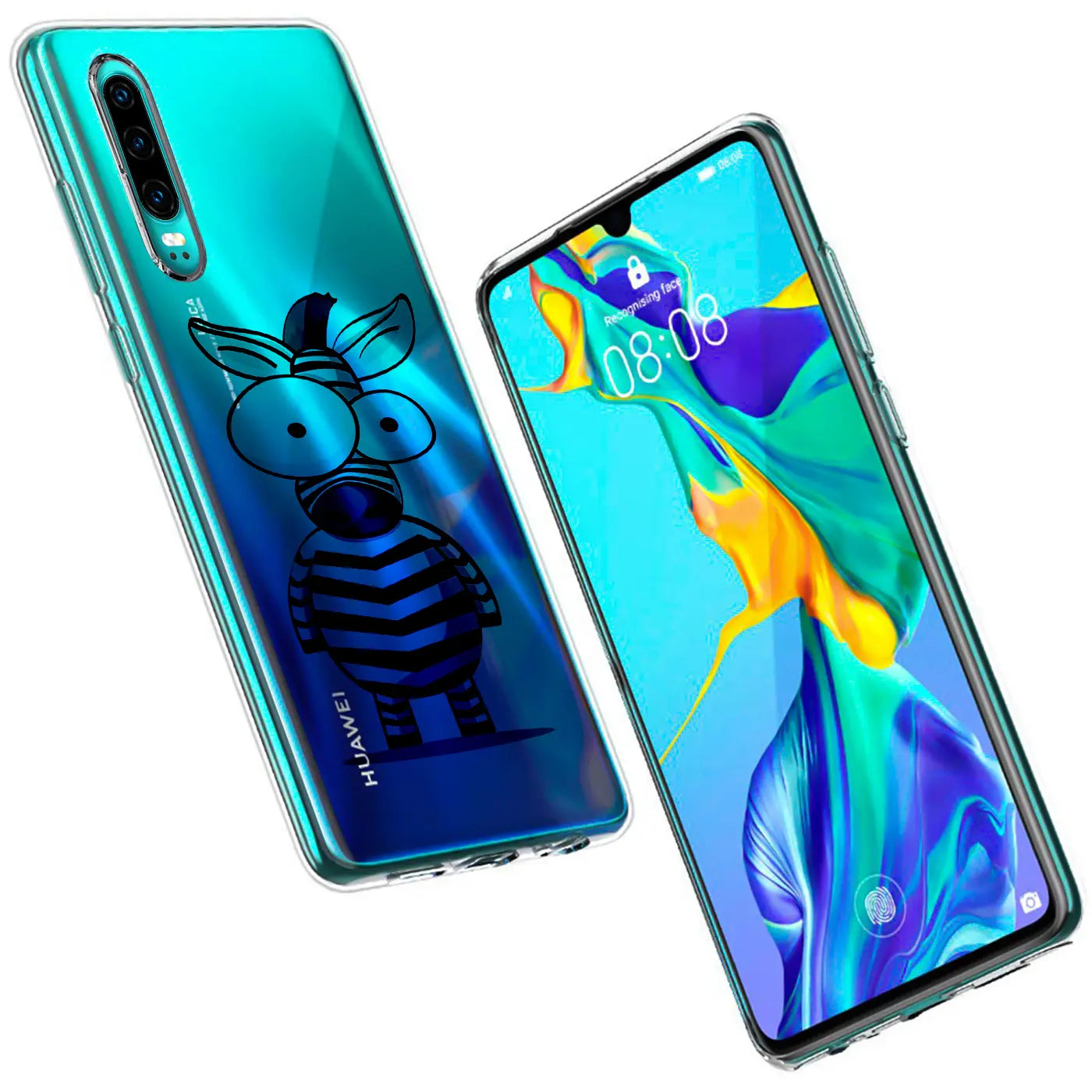 Transparente TPU-Hülle mit schwarzem Zebrastreifen-Motiv auf der Rückseite eines blauen Huawei Mate 20, schräg von oben.