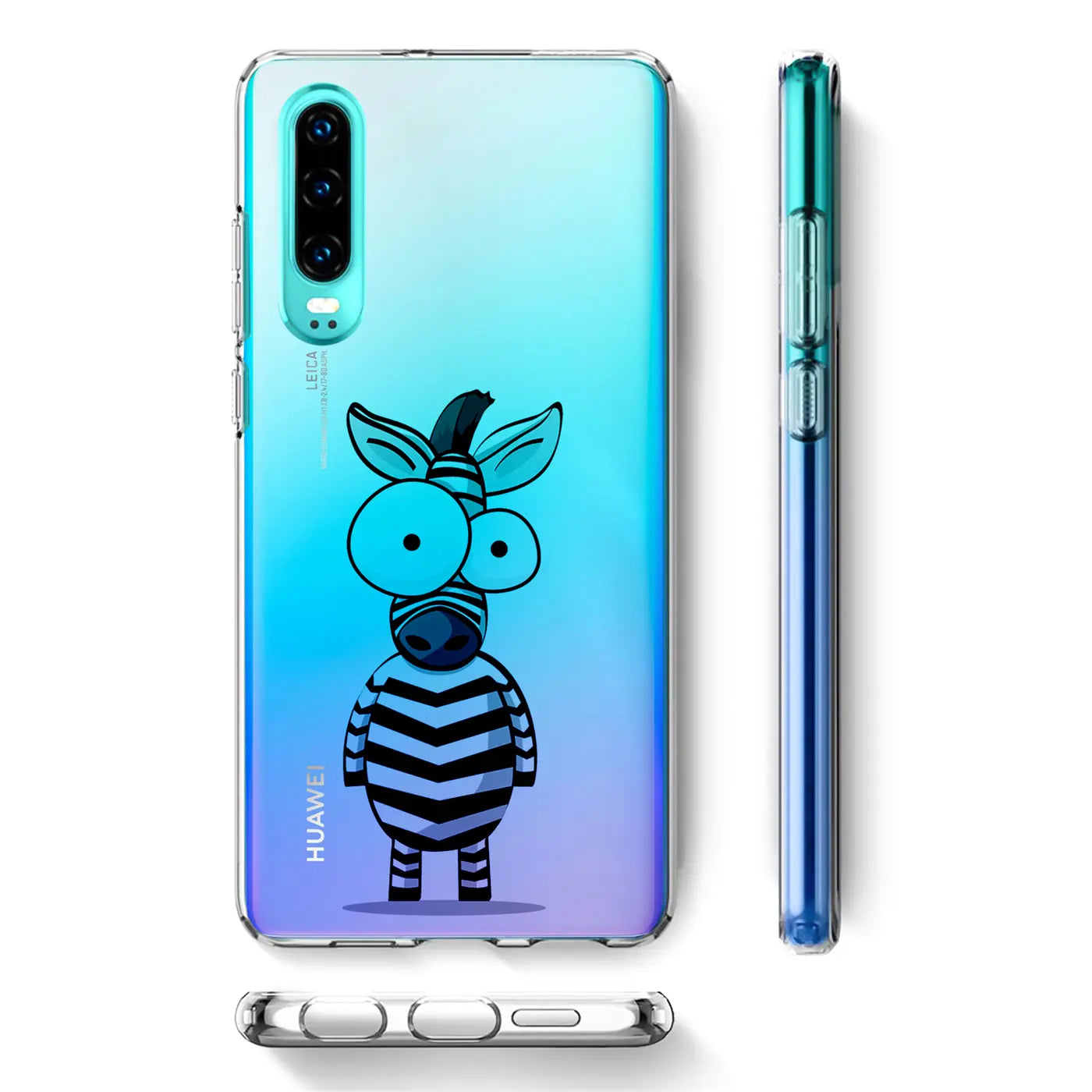 Transparente TPU-Hülle für Huawei Mate 20 mit Zebrabild, Rück-, Seiten- und Unteransicht.