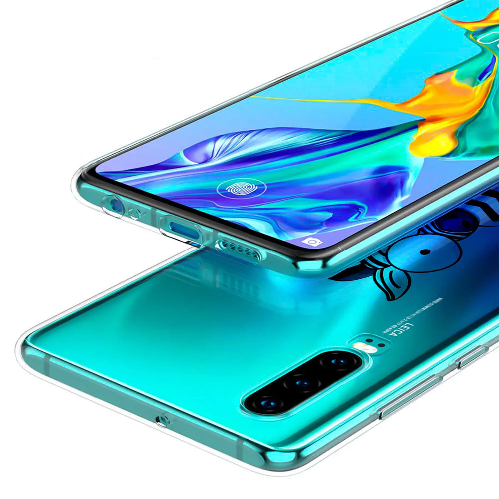 Transparente TPU-Hülle mit Motivdruck auf Huawei P30 Pro, von schräg oben.