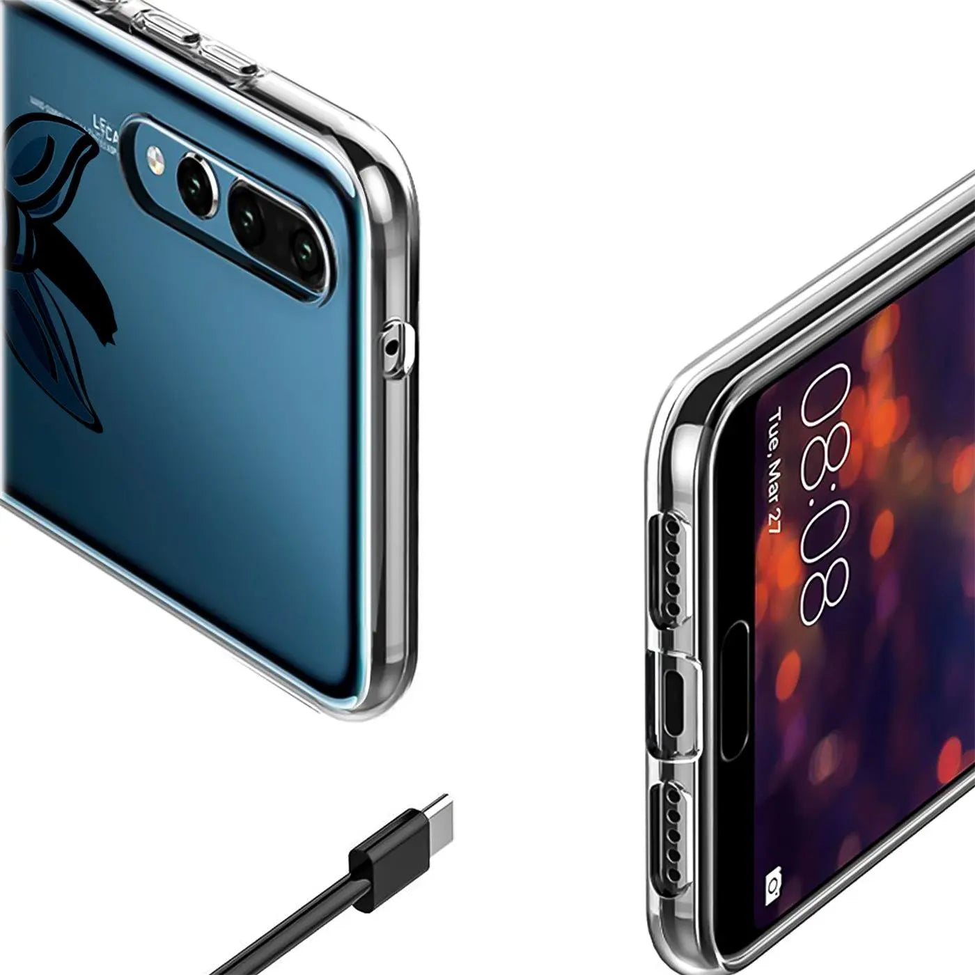 Transparente TPU-Hülle für Huawei Mate 20, Rückseite mit Motivdruck, Vorderseite mit Displayansicht, schräg von oben.