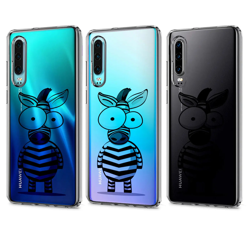 Drei Huawei P30 Pro Hüllen aus TPU mit Zebradesign: blau, hellblau, schwarz.