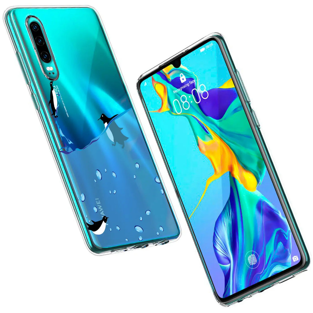TPU Hülle mit Pinguinmotiv für Huawei P30 Pro, transparent, von vorne und hinten gezeigt.