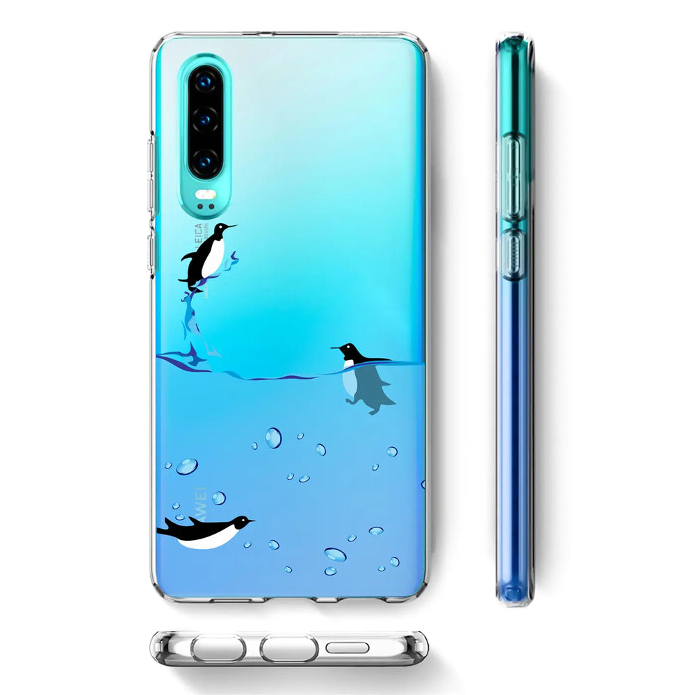 TPU Hülle mit Pinguinmotiv für Huawei P30 Pro, von vorne und Seite gezeigt.
