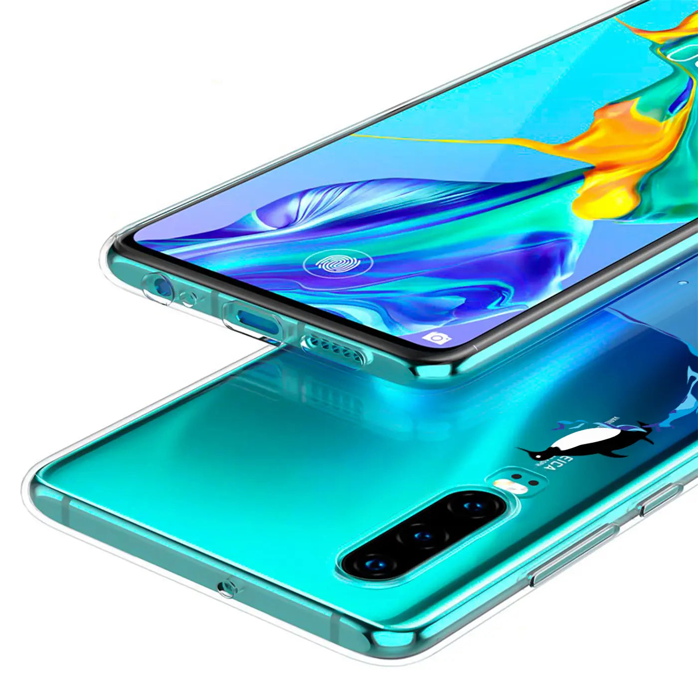 Transparente TPU-Hülle für Huawei Mate 20, mit Pinguin-Motivdruck auf der Rückseite, schräg von oben.