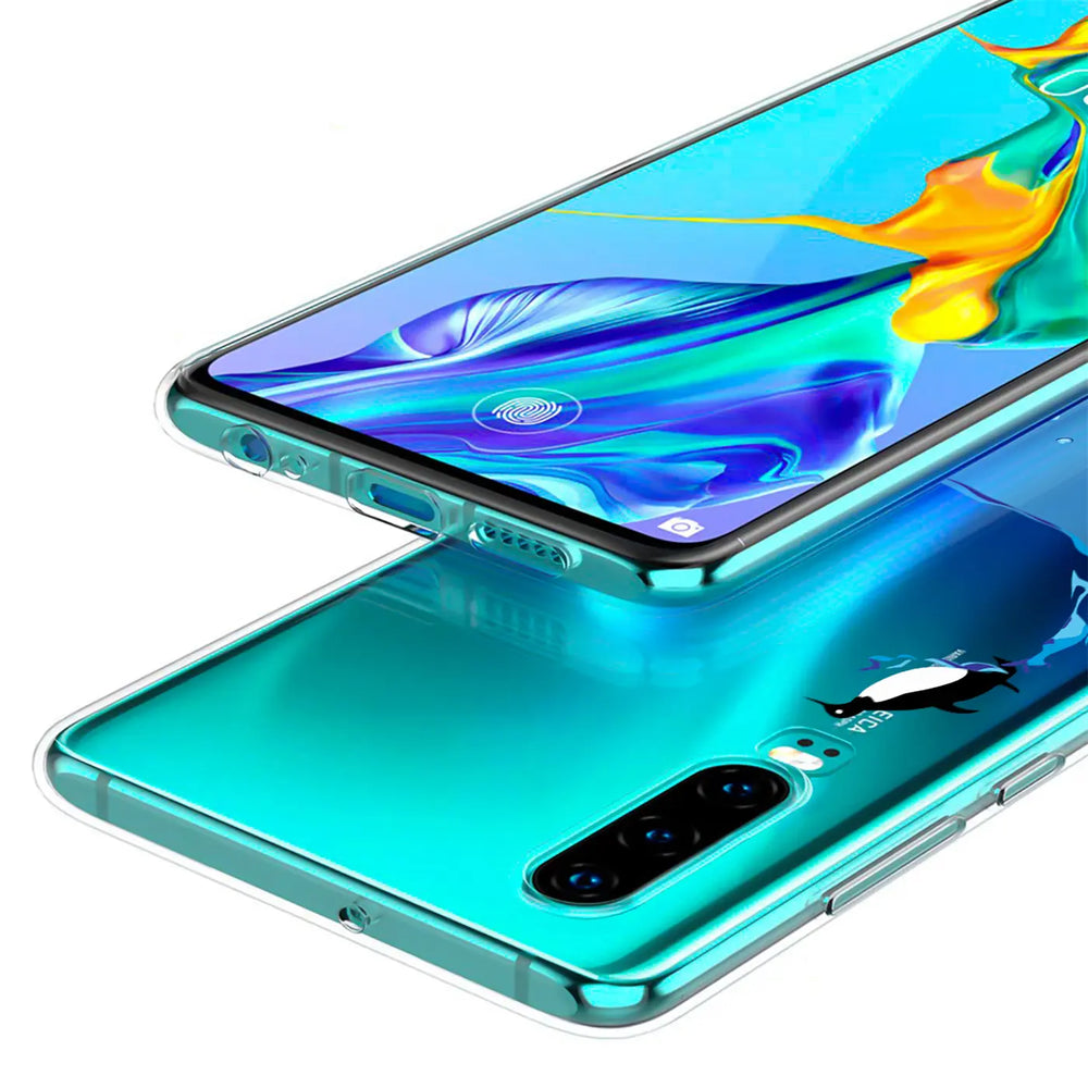 Klar, hier ist der ALT-Text:

Transparente TPU-Hülle mit Pinguin-Motiv auf einem Huawei P30 Pro, von schräg oben.