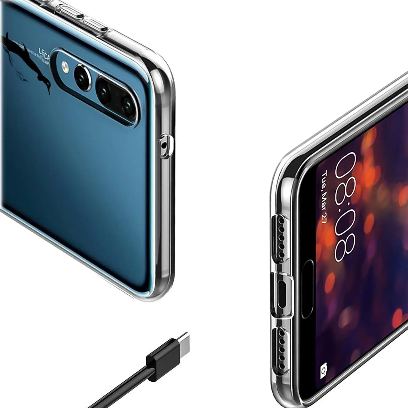 Zwei Huawei Mate 20 in transparenter TPU-Hülle, von hinten und schräg von vorne, mit USB-C Kabel.