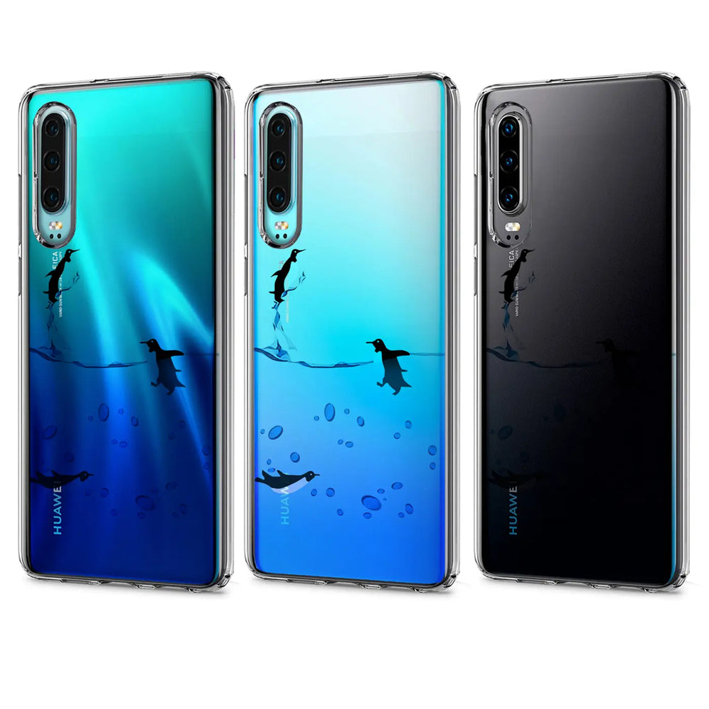 Drei Huawei P30 Pro Hüllen aus transparentem TPU mit Pinguin-Motiv, von vorne gesehen.