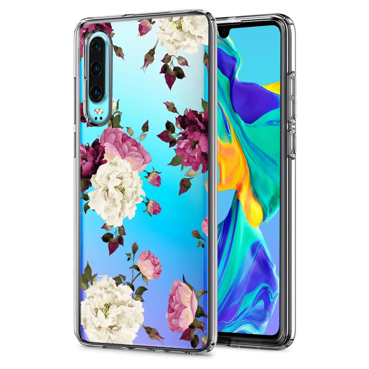Huawei P30 Hülle aus transparentem TPU mit Blumenmuster, Vorderansicht.
