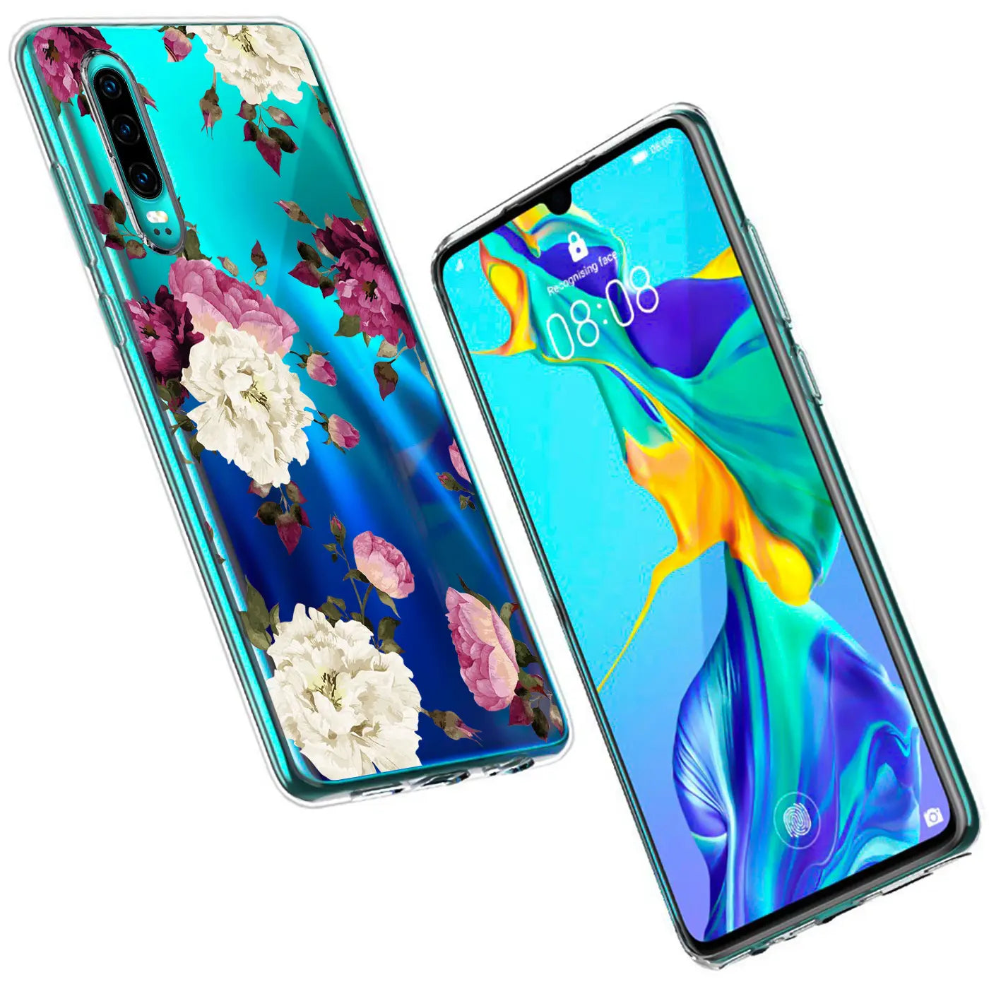 Huawei P30 mit blauer Blumentapete, TPU-Hülle, von vorne und schräg