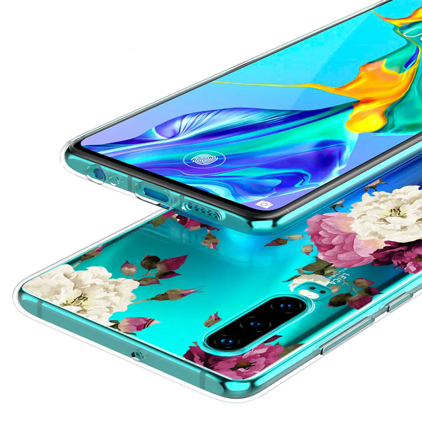 Huawei P30 mit blauer TPU-Hülle, Blumenmotiv, Draufsicht