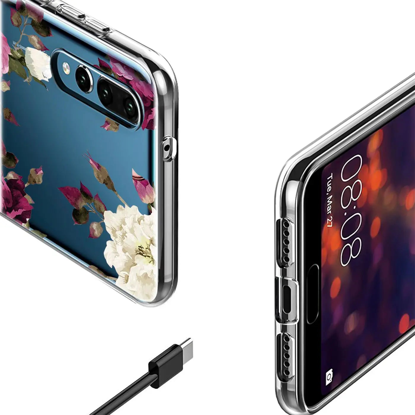 Huawei P30 Hülle, transparentes TPU mit Blumenmotiv, Seitenansicht, Kabel.