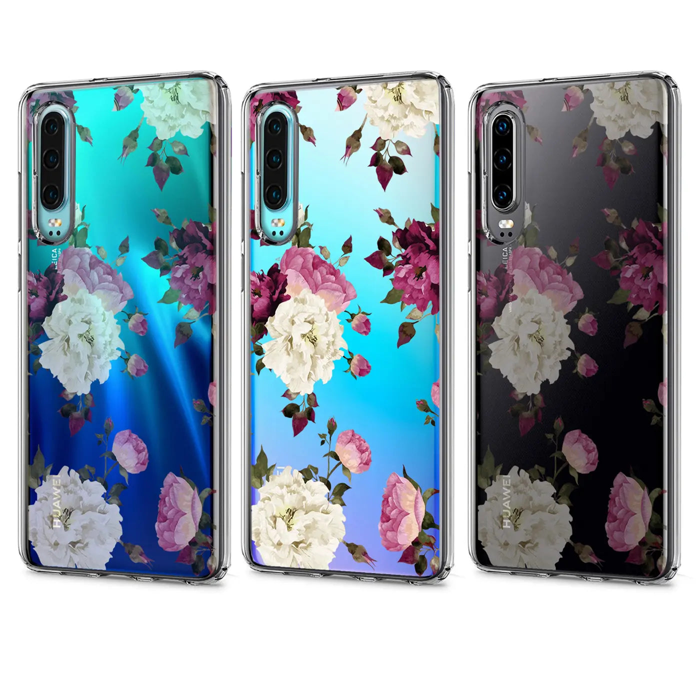 Drei Huawei P30 Hüllen aus TPU mit Blumenmuster, von vorne gesehen.