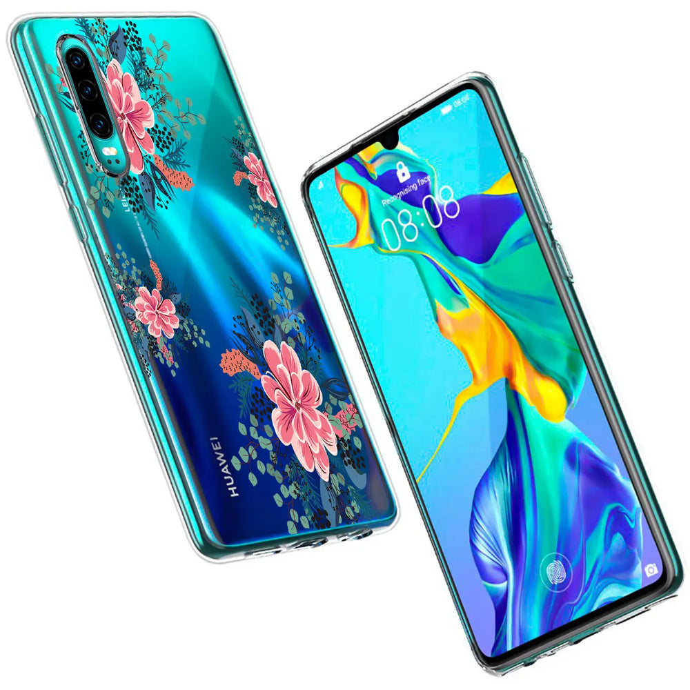 TPU Hülle mit Blumenmotiv für Huawei P30 Pro, von vorne und hinten gezeigt.