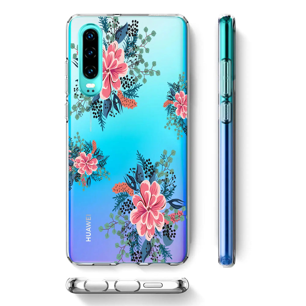 TPU Hülle mit Blumenmotiv für Huawei P30 Pro, transparent, von vorne und Seite