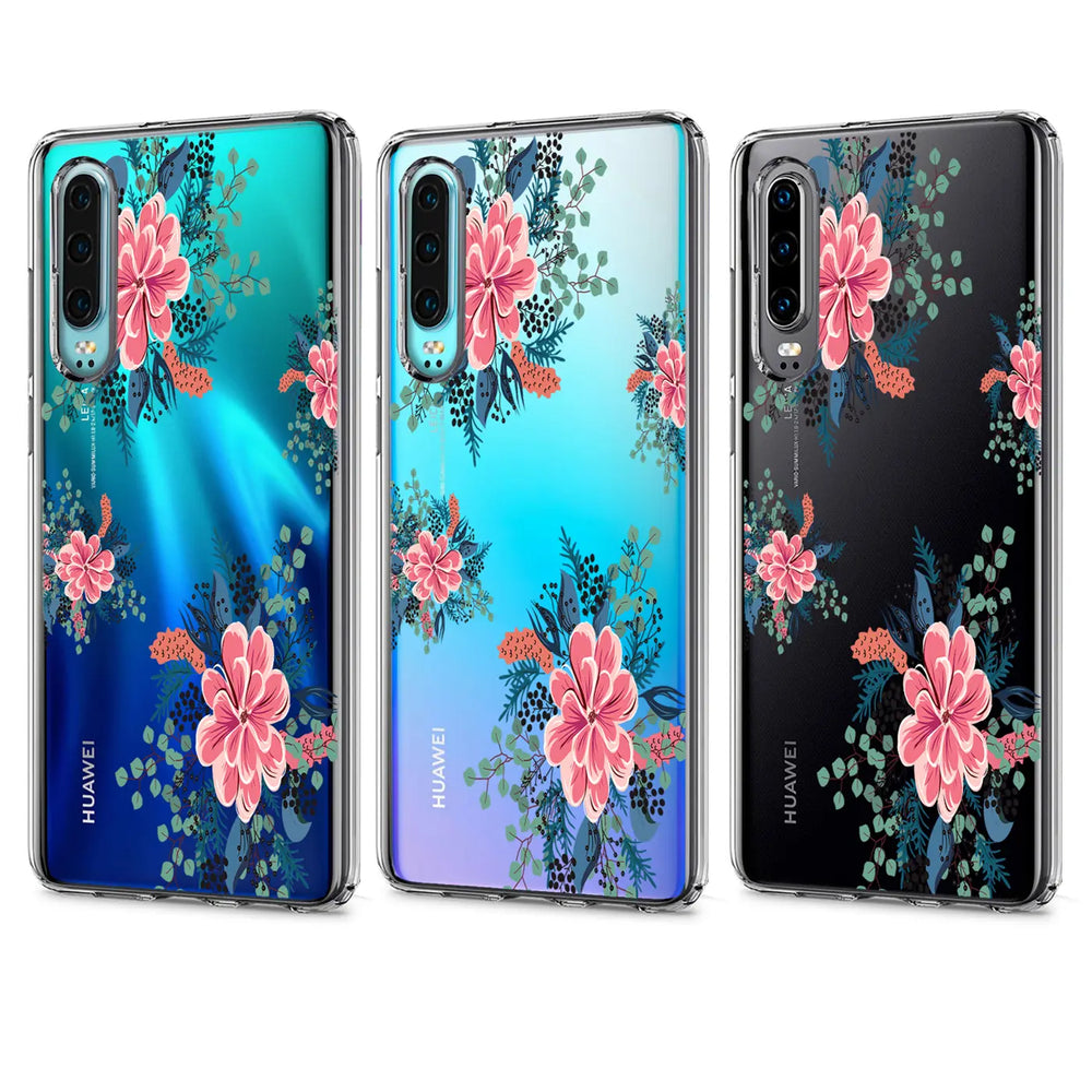 Drei Huawei P30 Pro Hüllen aus TPU mit Blumenmuster, von vorne betrachtet.