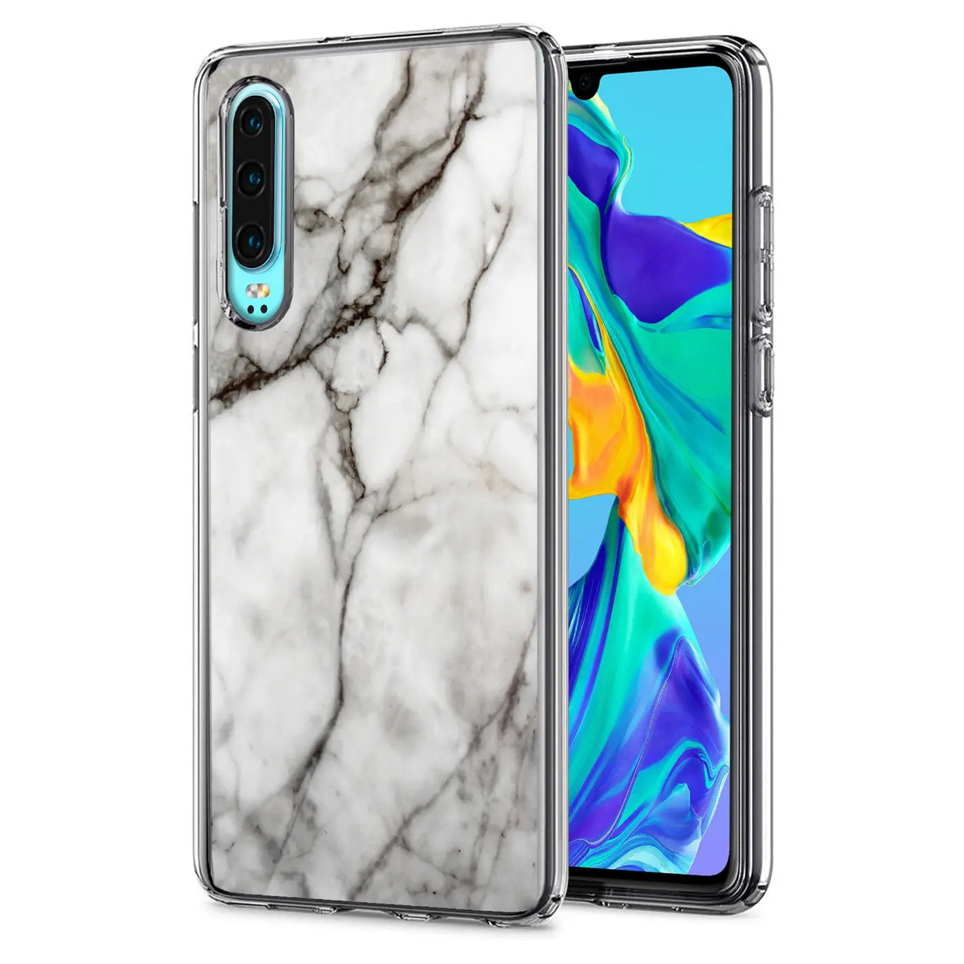 TPU Hülle mit Marmormotiv für Huawei P30, von vorne rechts gezeigt.