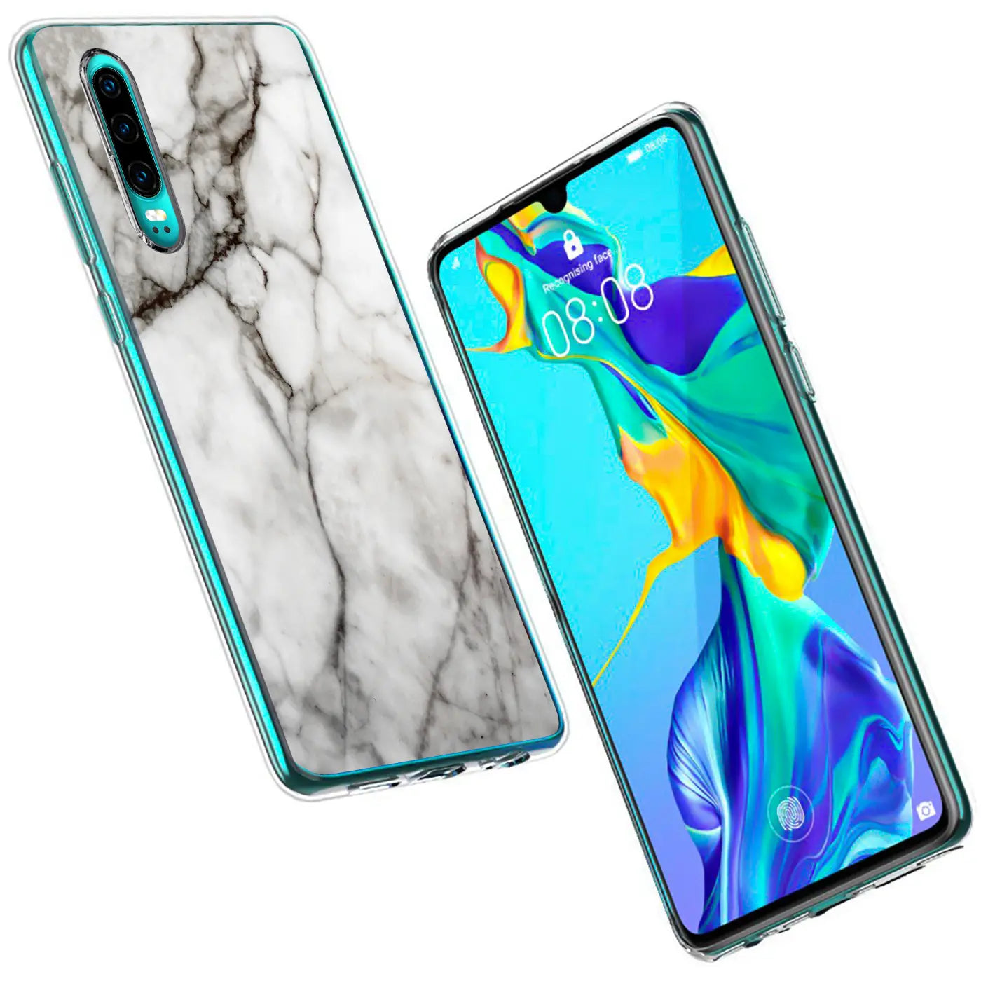 Zwei Huawei Mate 20 Handys, eines mit transparenter TPU-Hülle mit weiß-grauem Marmor-Motiv, schräg von oben.