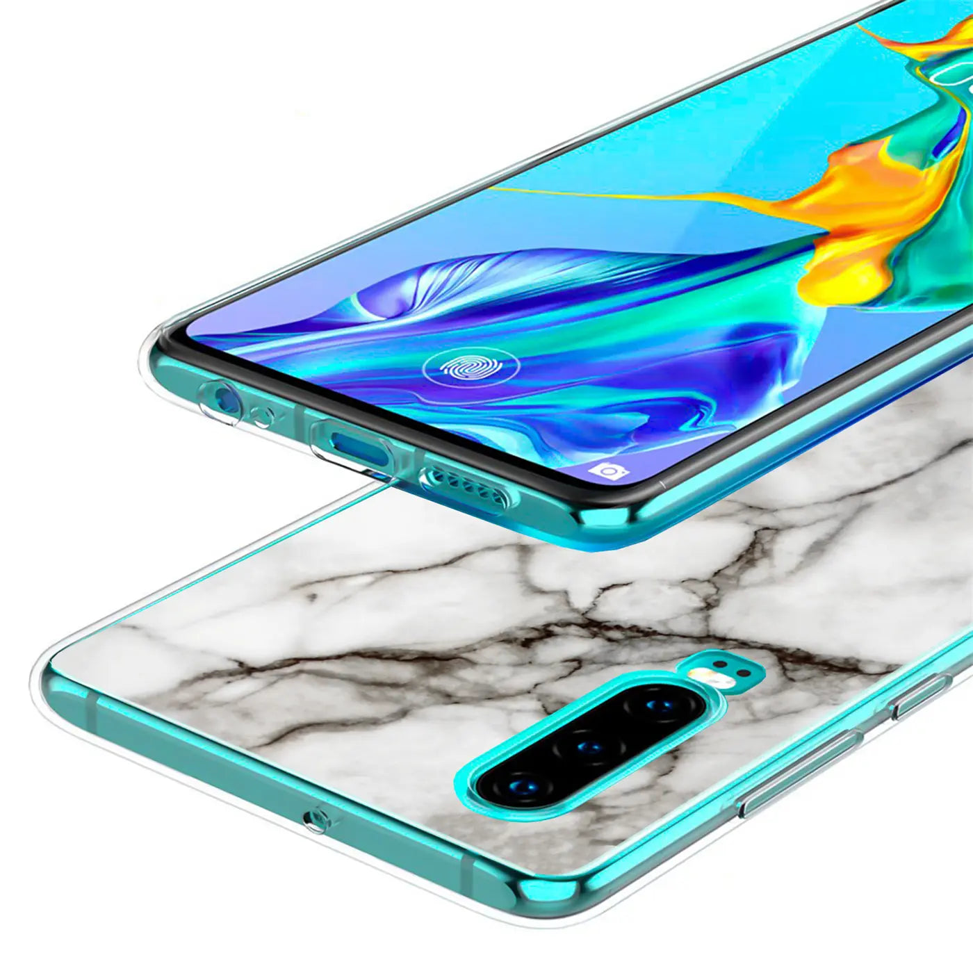 Huawei Mate 20 TPU Hülle mit weißem Marmor-Motivdruck, leicht schräg von oben.