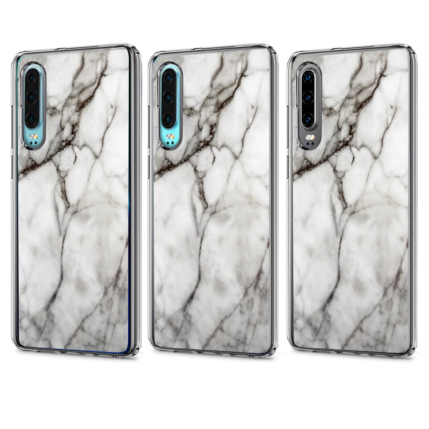 Drei Huawei Mate 20 TPU-Hüllen mit weißem Marmor-Motivdruck, leicht schräg von hinten rechts fotografiert.