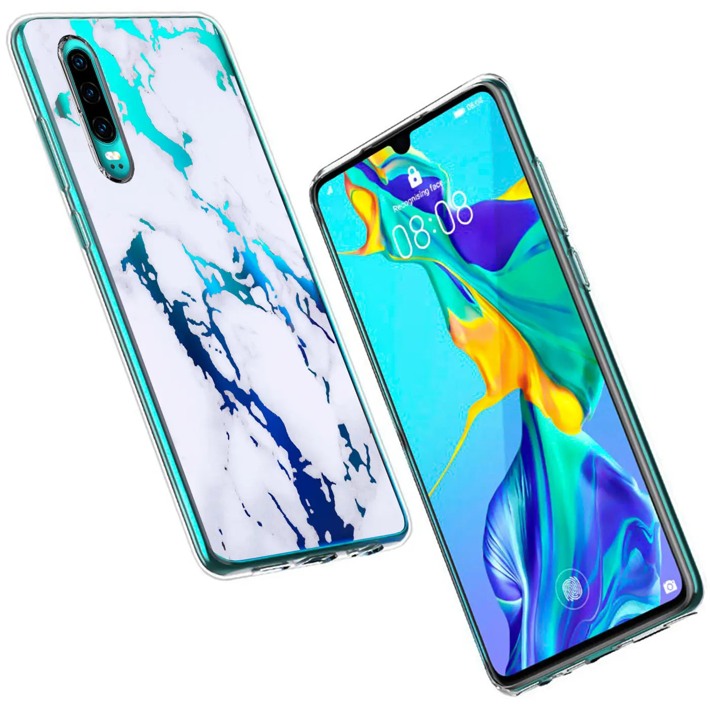 Zwei Huawei Mate 20 in transparenter TPU-Hülle mit blau-türkisem Marmormuster, von oben links nach unten rechts.