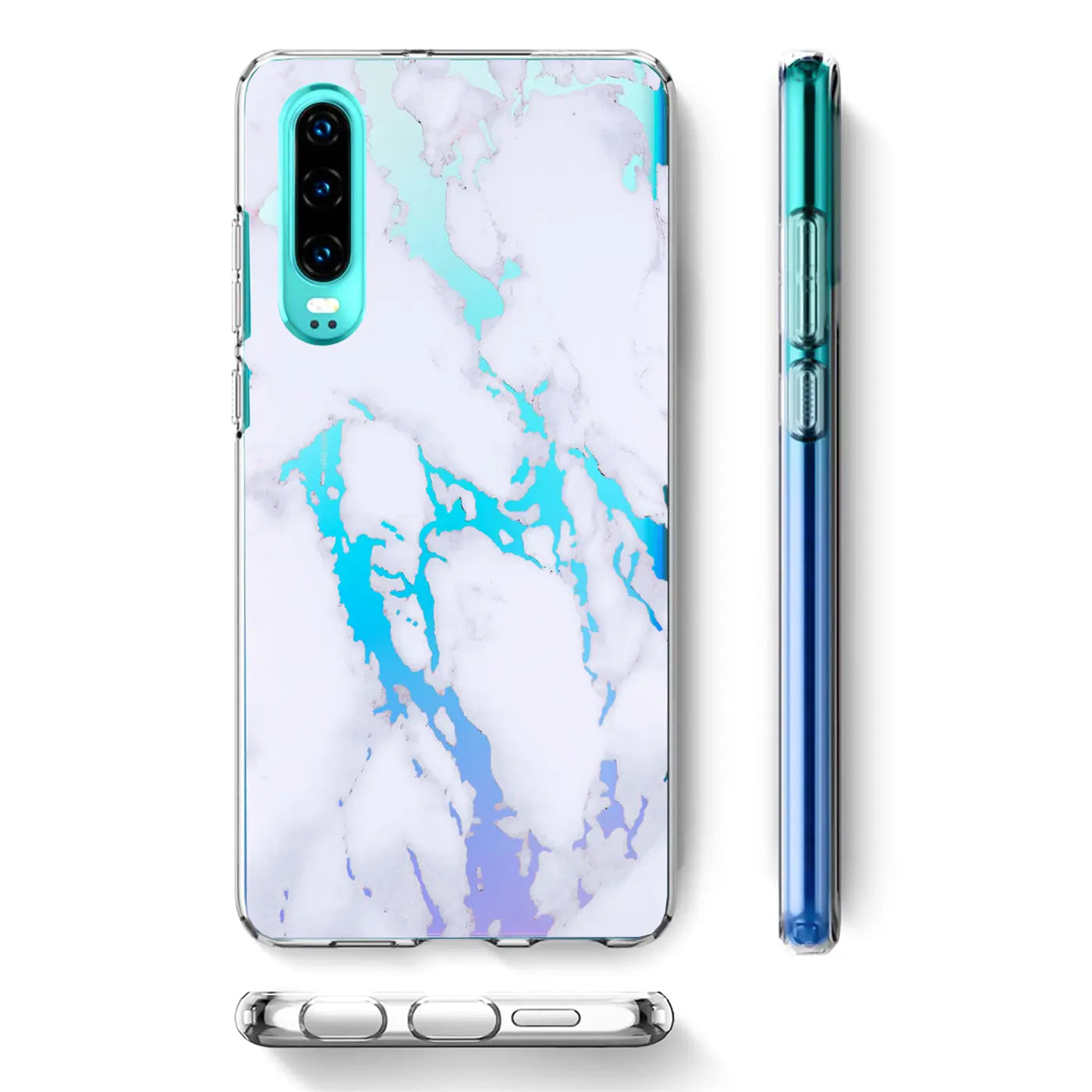 Huawei Mate 20 TPU Hülle, weiß-blau-lila Marmor-Motiv, Rückansicht, Seitenansicht und Unterseite.