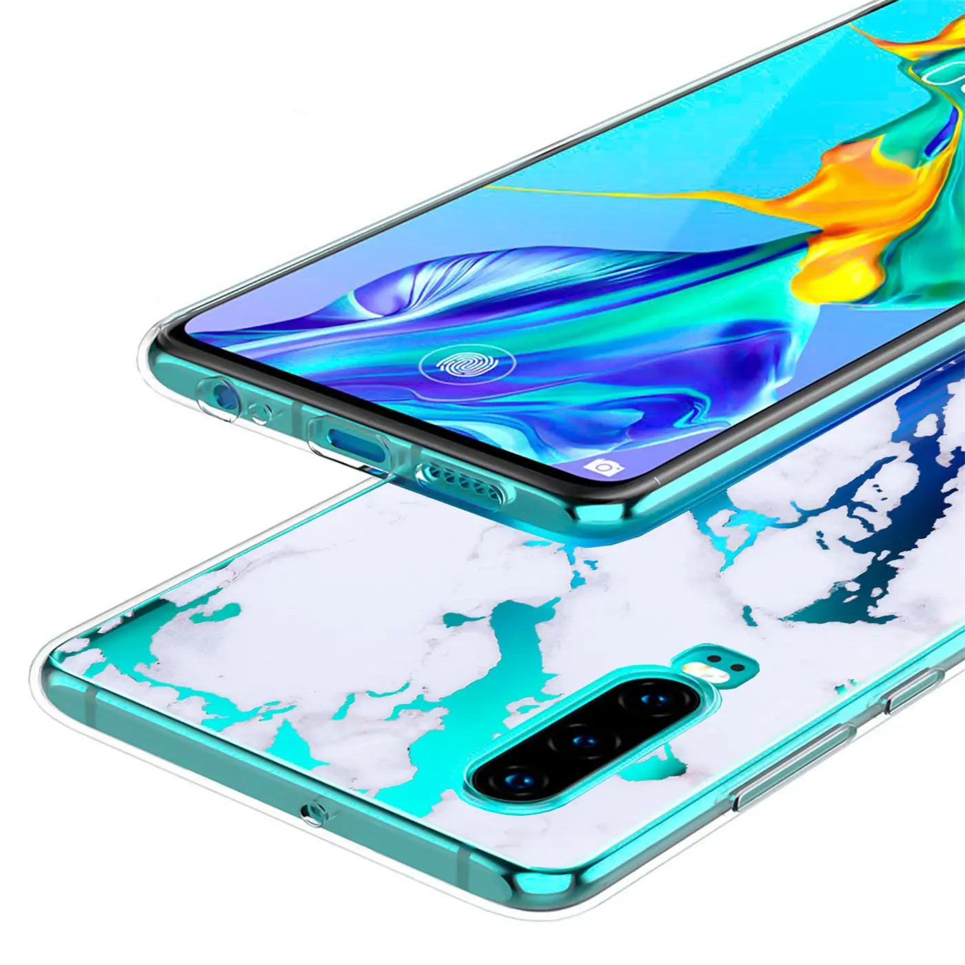 Huawei Mate 20 in transparenter TPU-Hülle mit türkis-weißem Marmor-Motiv, schräg von oben.