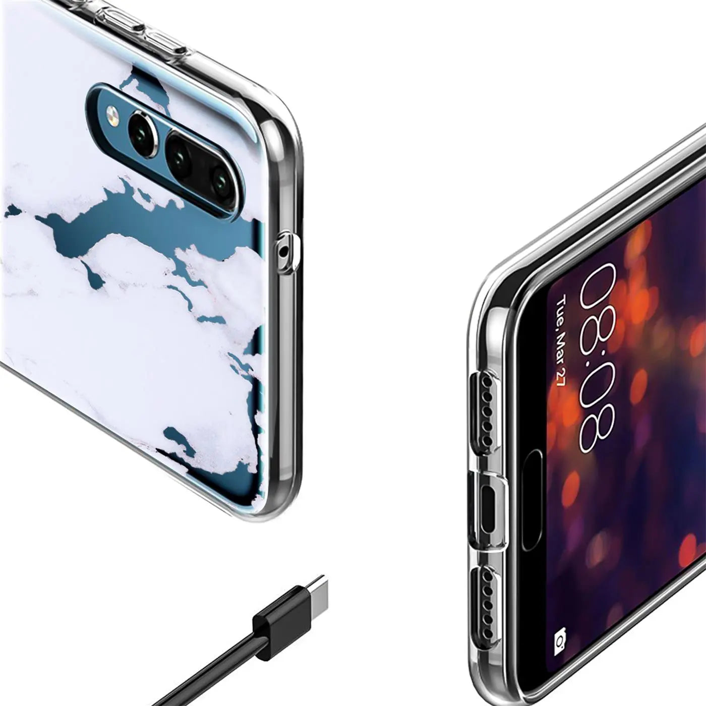 Zwei Huawei Mate 20 mit transparenter TPU-Hülle, weiß-blauem Marmormuster (links) und Display (rechts), USB-C Kabel.