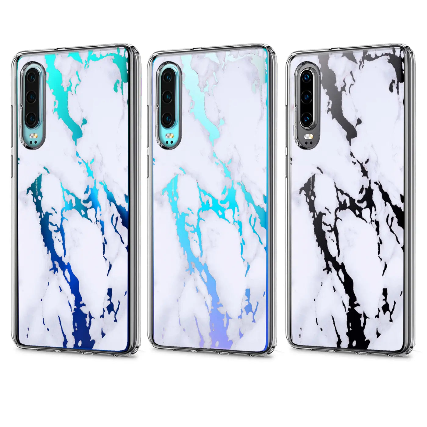 Drei transparente TPU-Hüllen für Huawei Mate 20, Rückseite mit weißem Marmormuster und Farbverlauf in Blau, Türkis und.