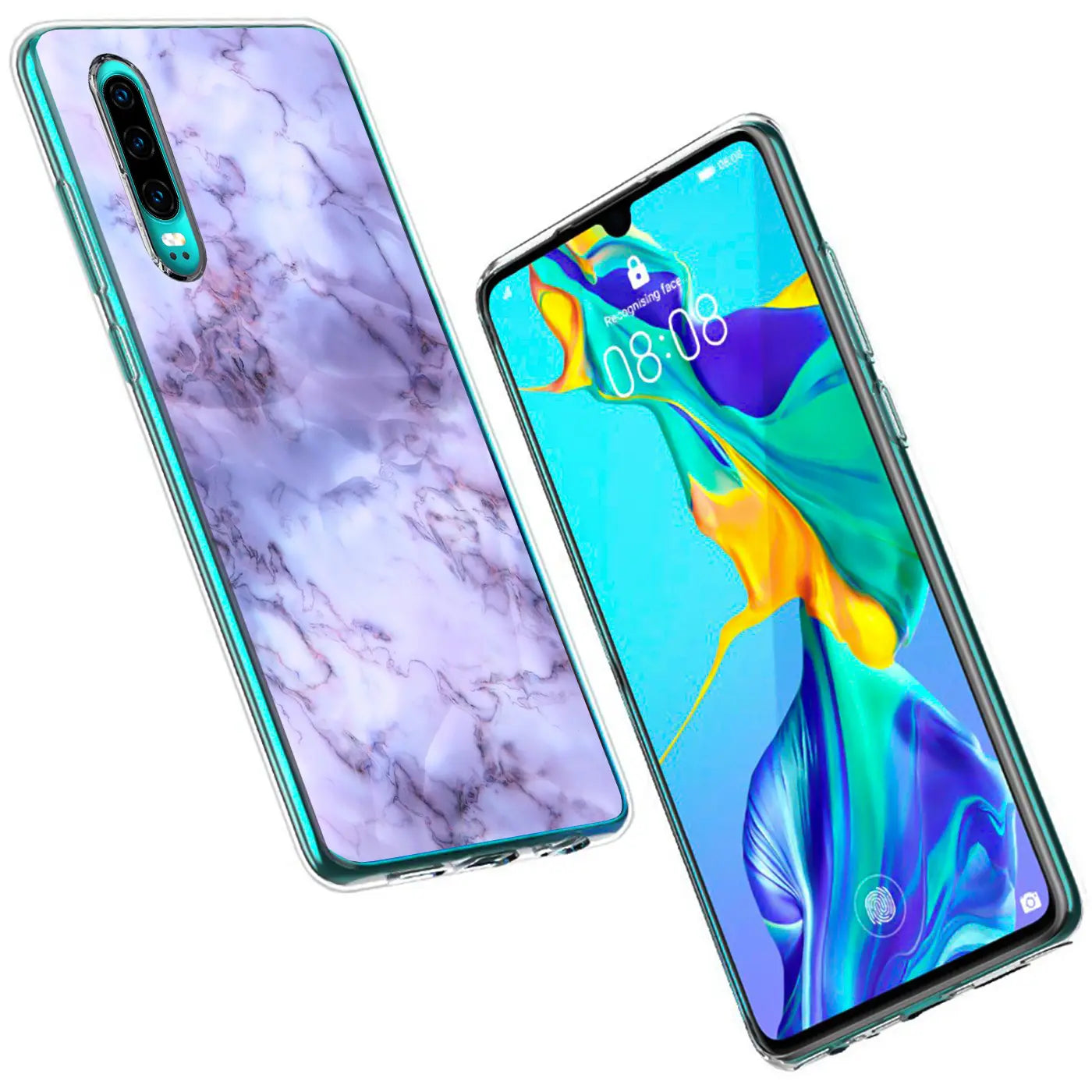 Huawei P30 mit Marmor-Muster Hülle, TPU, von vorne und hinten gezeigt.