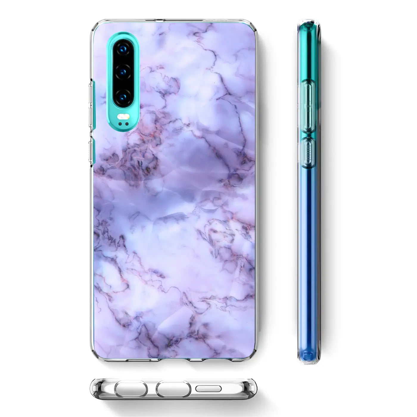 TPU Hülle mit Marmormuster für Huawei P30, von vorne und von der Seite gezeigt.