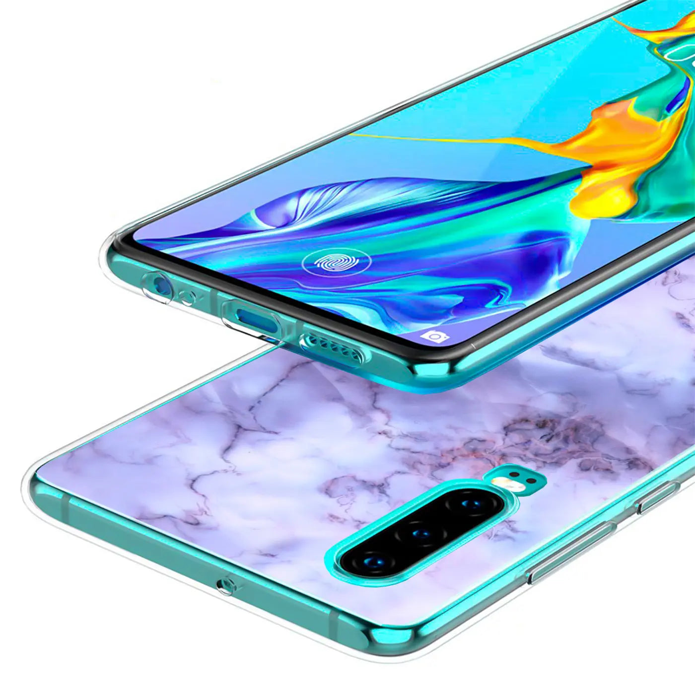 TPU Hülle mit Marmormuster für Huawei P30, von oben, türkisfarbener Rand.