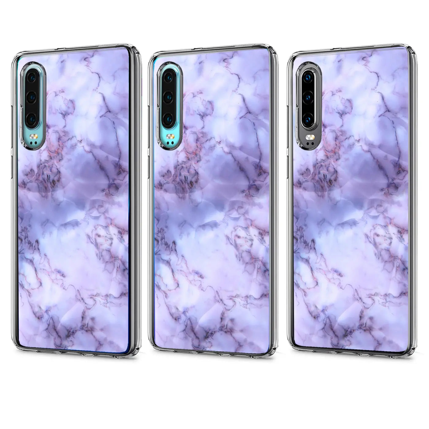 Drei Huawei P30 Hüllen, lila Marmormuster, TPU, von vorne