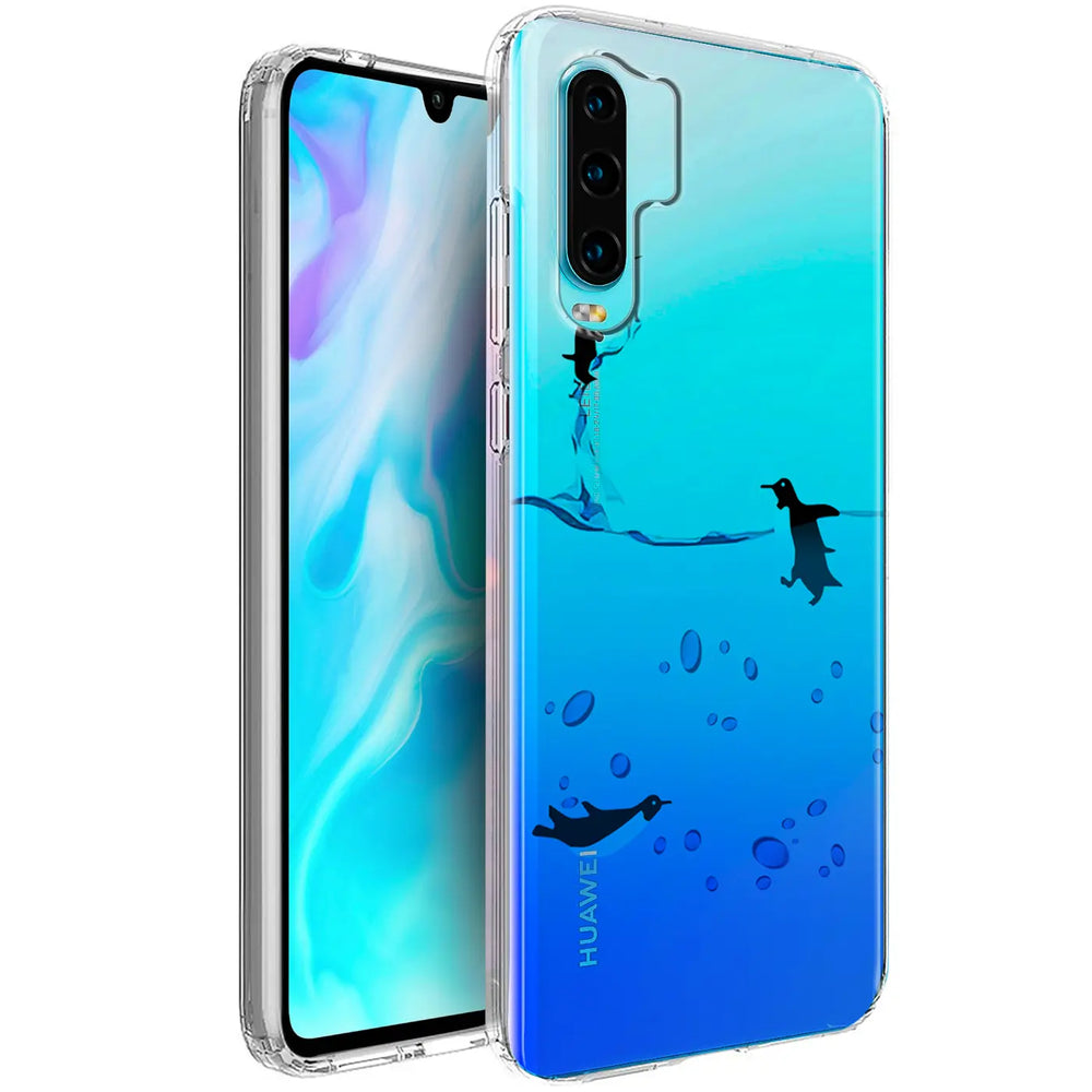 TPU Hülle für Huawei P30 Pro, transparent, Motiv Pinguine im Wasser, von vorne links