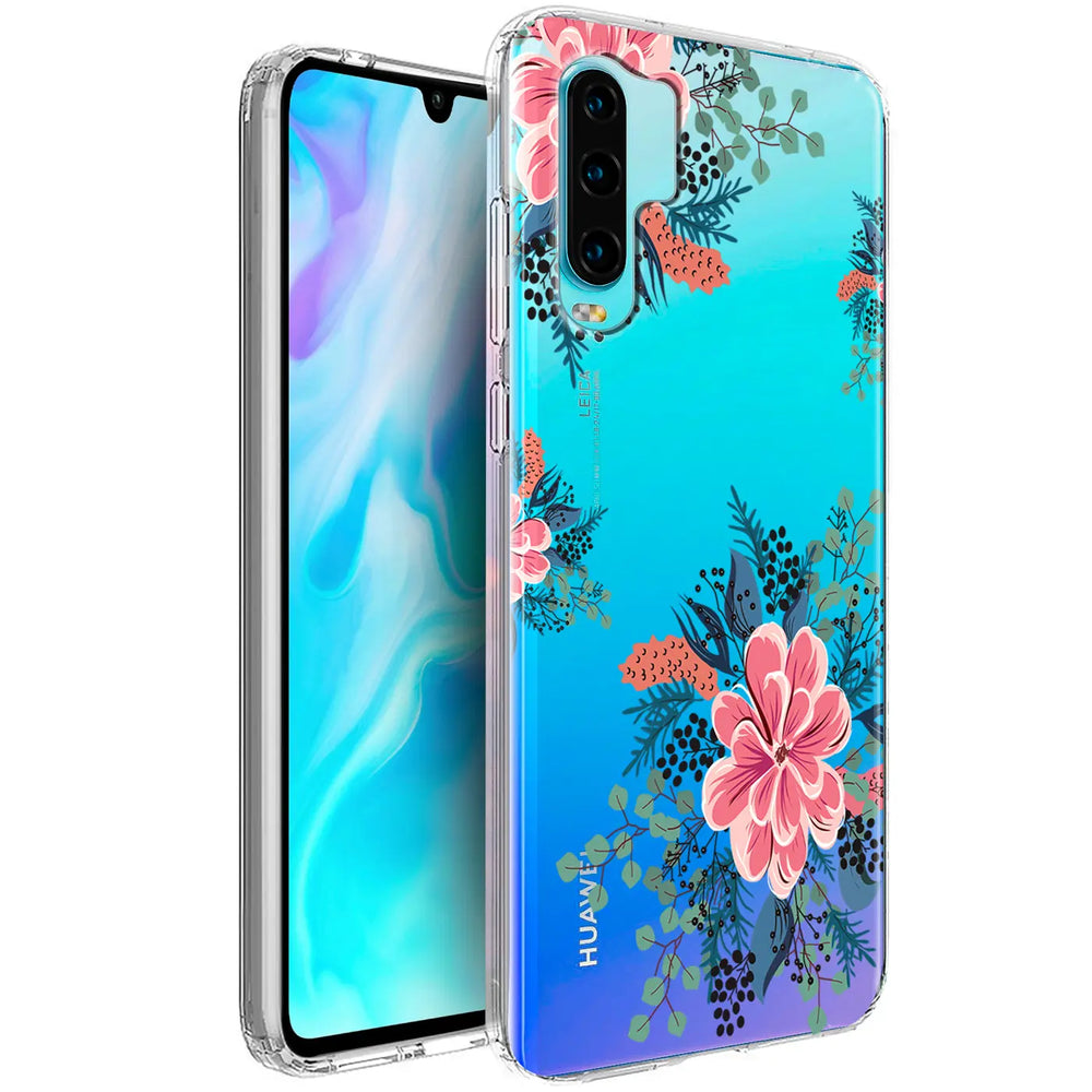 TPU Hülle mit Blumenmuster für Huawei P30 Pro, transparent, von vorne links