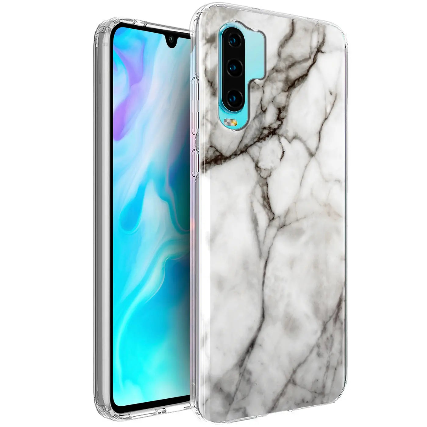 TPU Hülle mit Marmormuster für Huawei P30 Pro, von vorne links gezeigt.