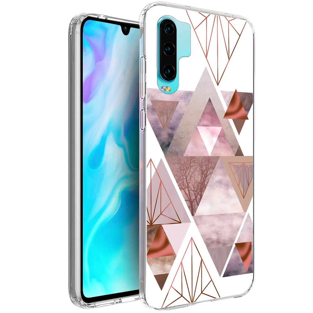 TPU Hülle mit geometrischem Muster für Huawei P30 Pro, von vorne links gezeigt.
