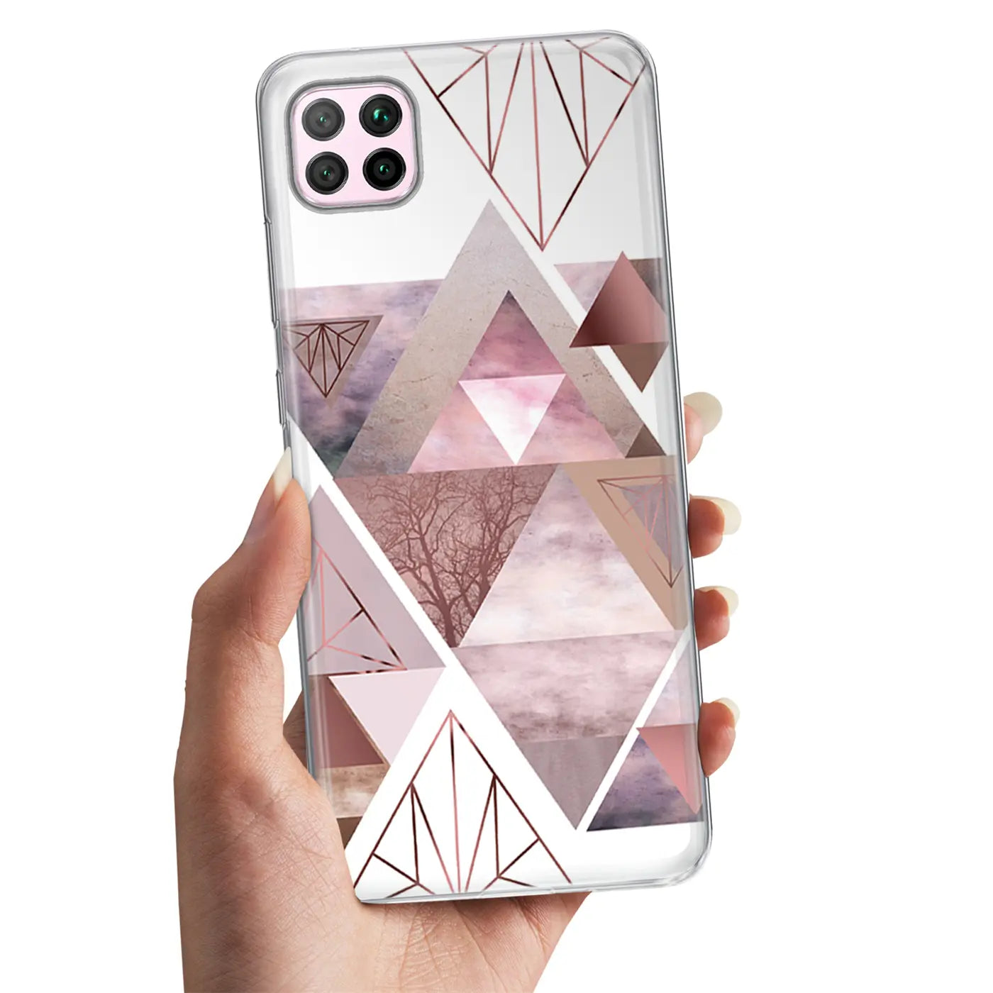 TPU Hülle mit geometrischem Muster in Rosa/Kupfer, Huawei P40 Lite, von vorne gehalten.