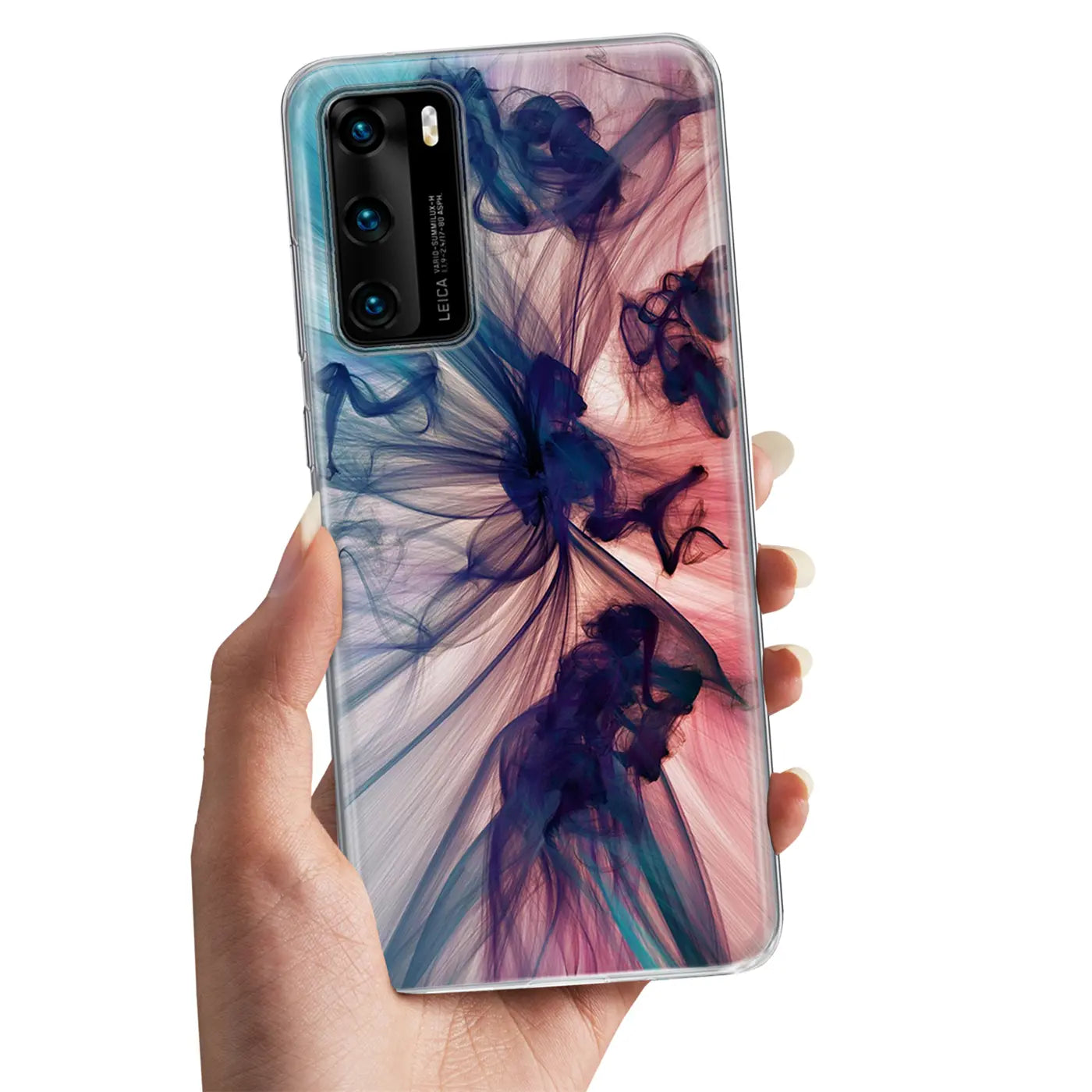 TPU-Hülle für Huawei P40 mit blau-pinkem Rauchmotiv, von vorne gehalten